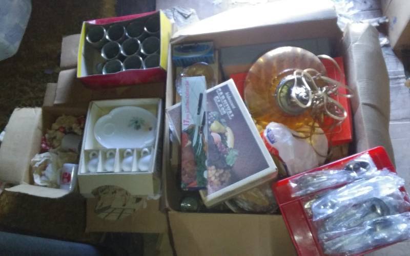 lot 113 image: Large Lot Of Household Items Hanging Amber Glass Lamp, Carnival Glass, Coca-Cola Glasses, Cutlery, More