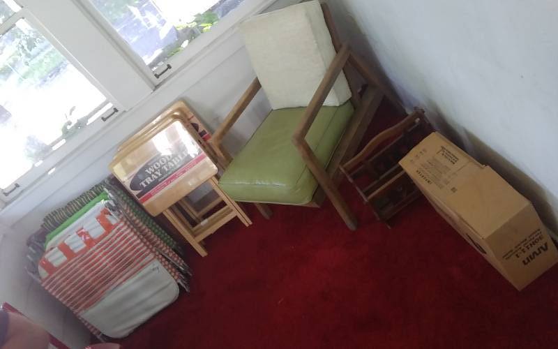 lot 116 image: Chaise Beach Chairs, TrayTables, Wood Frame Chair, Magazine Rack, Electric Heater