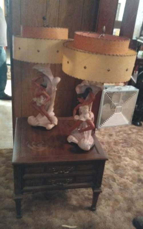 lot 121 image: Pair Of Polynesian Lamps, End Table 25x25x21 With Drawer & Contents