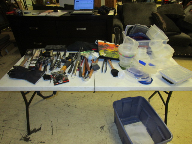 lot 404 image: GRILLING TOOLS, PLASTIC CONTAINERS FOLDING TABLE