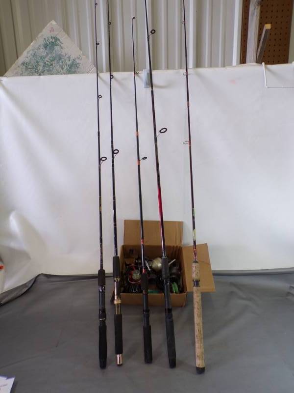 lot 98 image: 5 Rods and Box of Fishing Reels