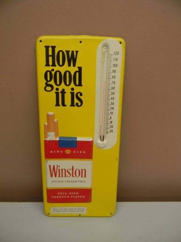 lot 17 image: VINTAGE WINSTON CIGARETTES TIN THERMOMETER STORE ADVERTISING SIGN - MADE IN USA - RARE NICE PIECE - SEE PICTURES