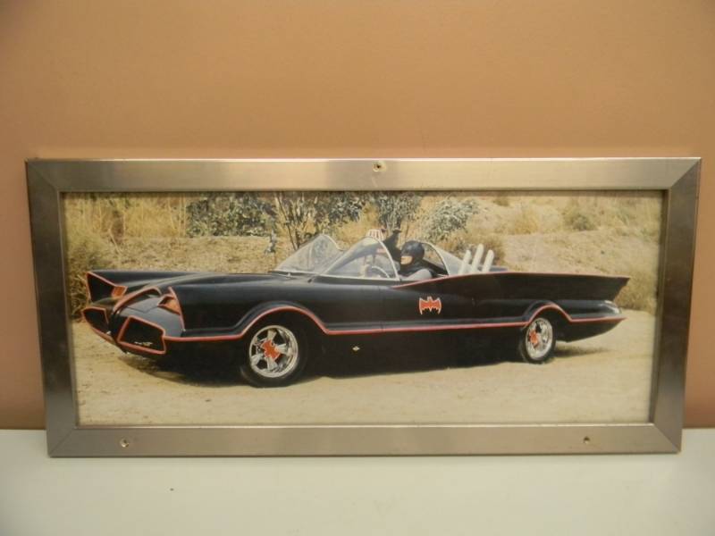lot 29 image: VINTAGE BATMOBILE POSTER  PHOTO ON PHOTO-BOARD FRAMED ADAM WEST & BURT WARD - APPROX 26 BY 12 - SEE PICTURES