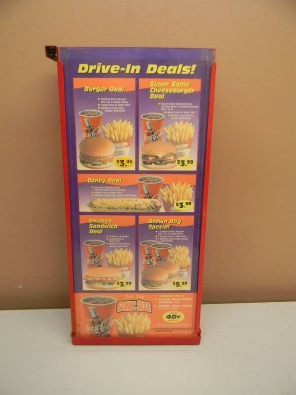 lot 49 image: VINTAGE COCACOLA SONIC METAL MENU HANGING DISPLAY PIECE - DOUBLE SIDED - APPROX 19 BY 9 BY 4 DEEP - SEE PICTURES