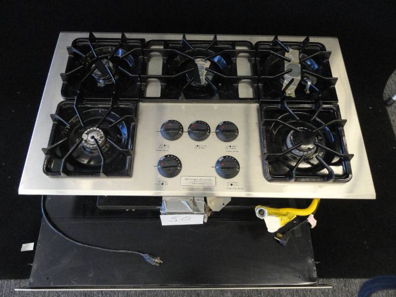 lot 50 image: Brand New ElectrolusFrigidaire 5 Burner Gas Top Stove with a Fan Below the Burners