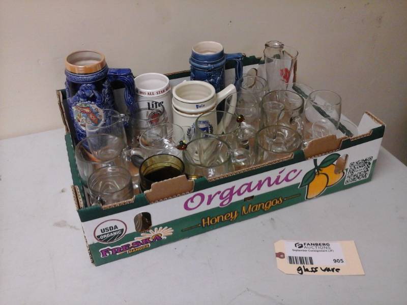lot 905 image: Ceramic Beer Steins, Glass Beer Mugs, Misc. Glassware and Stemware
