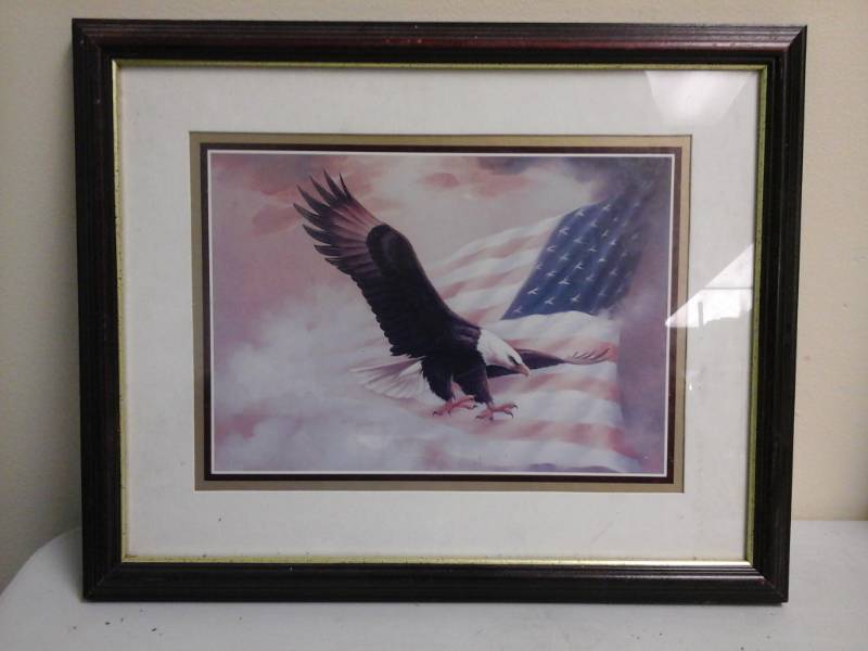 lot 930 image: American Flag Bald Eagle Framed Matted Wall Art