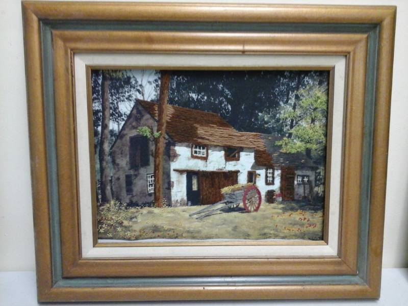 lot 931 image: Farm Scene Framed Matted Needlepoint Artwork