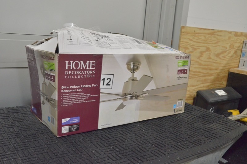 lot 12 image: HOME DECORATORS COLLECTION Kensgrove 54 in. Integrated LED Indoor Brushed Nickel Ceiling Fan w Light Kit and Remote- Open Box, uninspected