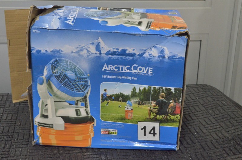 lot 14 image: ARCTIC COVE 18-Volt 2 Speed Misting Bucket Top Fan