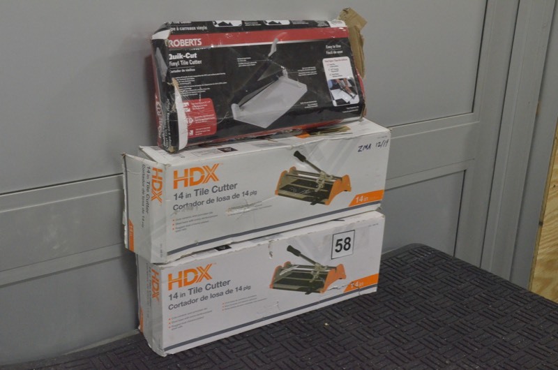 lot 58 image: HDX, ROBERTS Tile Cutters-Lot of 3 includes 2-HDX 14 inch tile cutters and 1-Roberts 12 in. Quick-Cut Vinyl Tile VCT Cutter