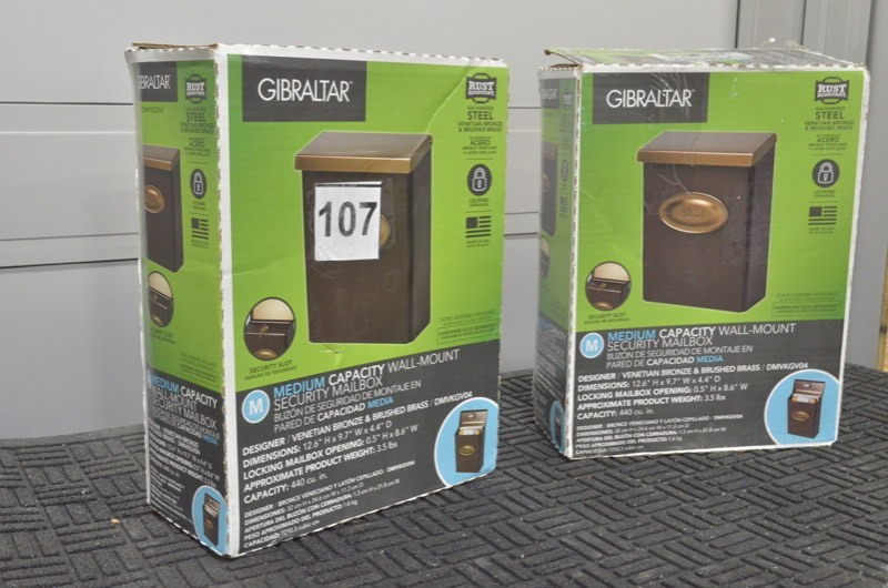 lot 107 image: GIBRALTAR Lot of 2 Designer Medium Venetian Bronze Vertical Wall-Mount Locking Mailbox