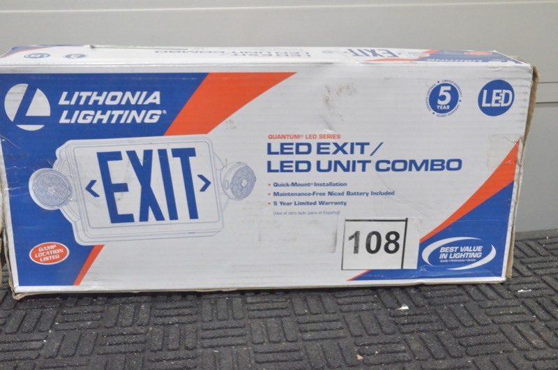 lot 108 image: LITHONIA LIGHTING 2-Light Plastic LED White Exit SignEmergency Combo with LED Heads and Red Stencil