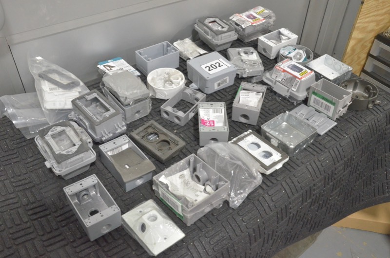 lot 202 image: Huge lot of Electrical Outdoor gang boxes, receptacle covers, weatherproof covers, MORE
