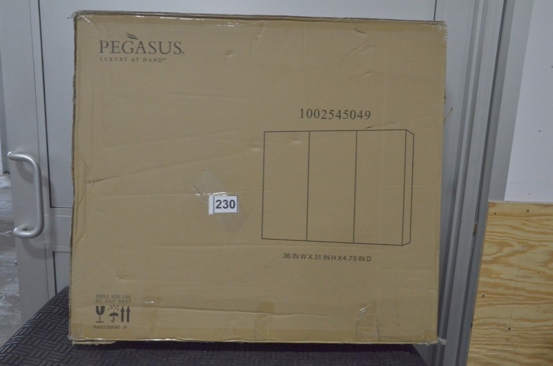 lot 230 image: PEGASUS 36 in. x 31 in. Recessed or Surface-Mount Tri-View Bathroom Medicine Cabinet with Beveled Mirror (MISSING BACK MIRRORUNINSPECTED)