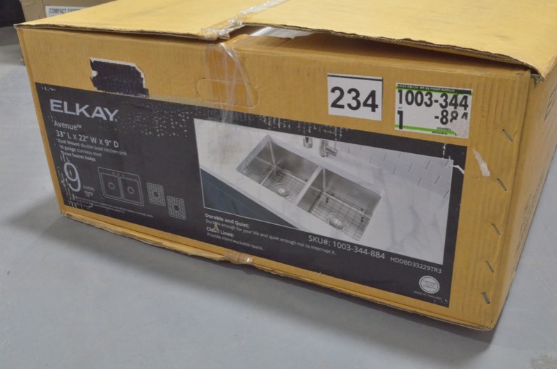 lot 234 image: ELKAY Avenue Drop-inUndermount Stainless Steel 33 in. 5050 Double Bowl Kitchen Sink with Bottom Grid (USED