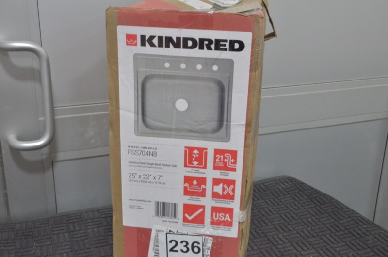 lot 236 image: KINDRED Drop-In Stainless-Steel 25 in. 4-Hole Single Bowl Kitchen Sink