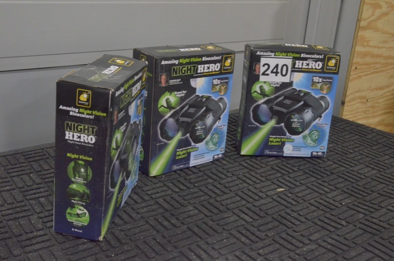 lot 240 image: Lot of 3 NIGHT HERO Night Vision 10x Binoculars (OPEN BOX)