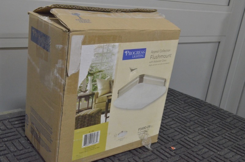 lot 267 image: PROGRESS LIGHTING Appeal 9 in. 2-Light Brushed Nickel Square Flush Mount with Alabaster Glass