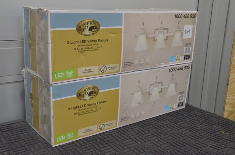 lot 269 image: Lot of 2 HAMPTON BAY 120-Watt Equivalent 3-Light Brushed Nickel Integrated LED Vanity Light