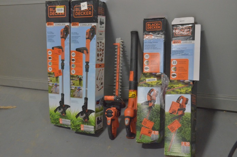 lot 300 image: Lot of 6 Store Returned BLACK&DECKER Lanscaping Power Tools Weed WhipHedge Trimmer, Leaf Blower (NEW, USED, OPEN BOX)