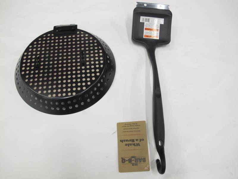 lot B8 image: Mr. BBQ Grilling Skillet  Mr. BBQ Whale of a Brush Grill Brush - NEW
