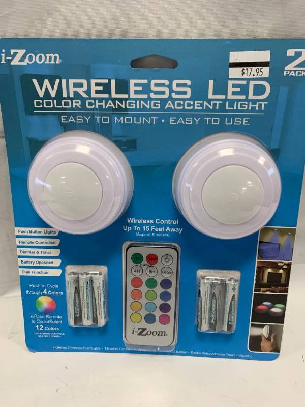 lot 93 image: Wireless Color Changing LED 2 Pack Puck Lights