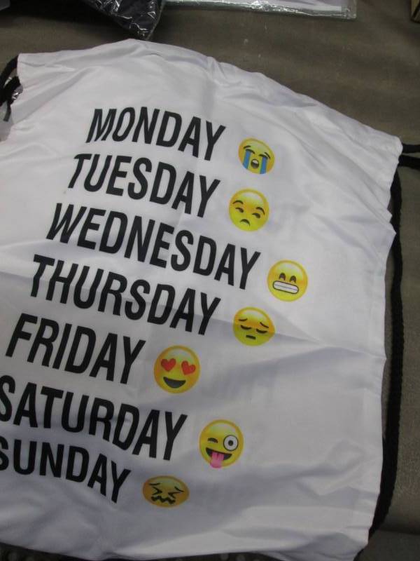 lot 66 image: 6 Day of Week Emoji Drawstring Back...