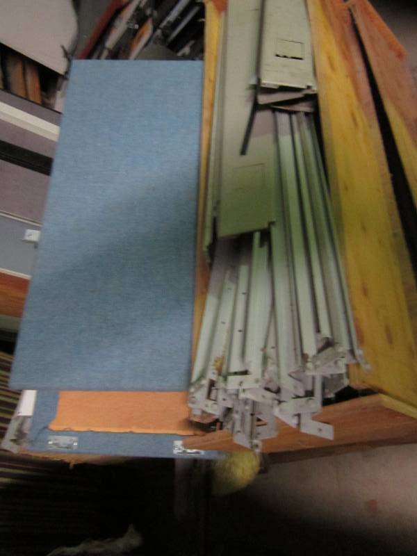 lot 300 image: Cubicle partition set includes walls, connectors, trim, long electrical strip, doors, desk tops