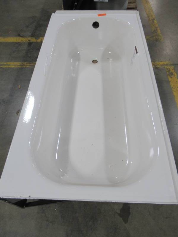 lot 381 image: Bootz 60 X 30 12 X 14 12 Tall,  Left Drain Rectangular Alcove Soaking Bathtub in White. Large Chip in Enamel