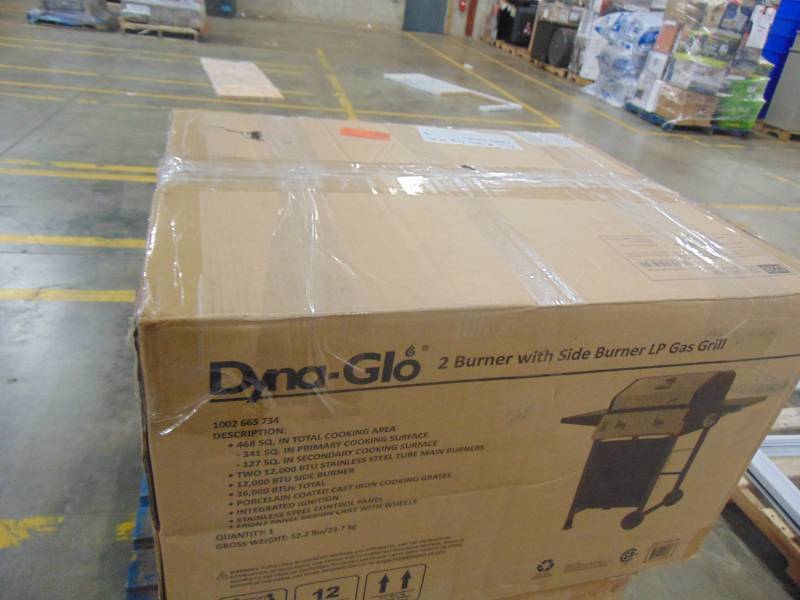 lot 276 image: Dyna-Glo 2-Burner Open Cart Propane Gas Grill in Stainless Steel and Black with Side Burner DGF350CSP-D