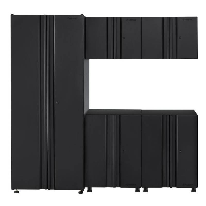 lot 60 image: Husky Welded 78 in. W x 75 in. H x 19 in. D Steel Garage Cabinet Set in Black (5-Piece) - Dented doors Main Locker.