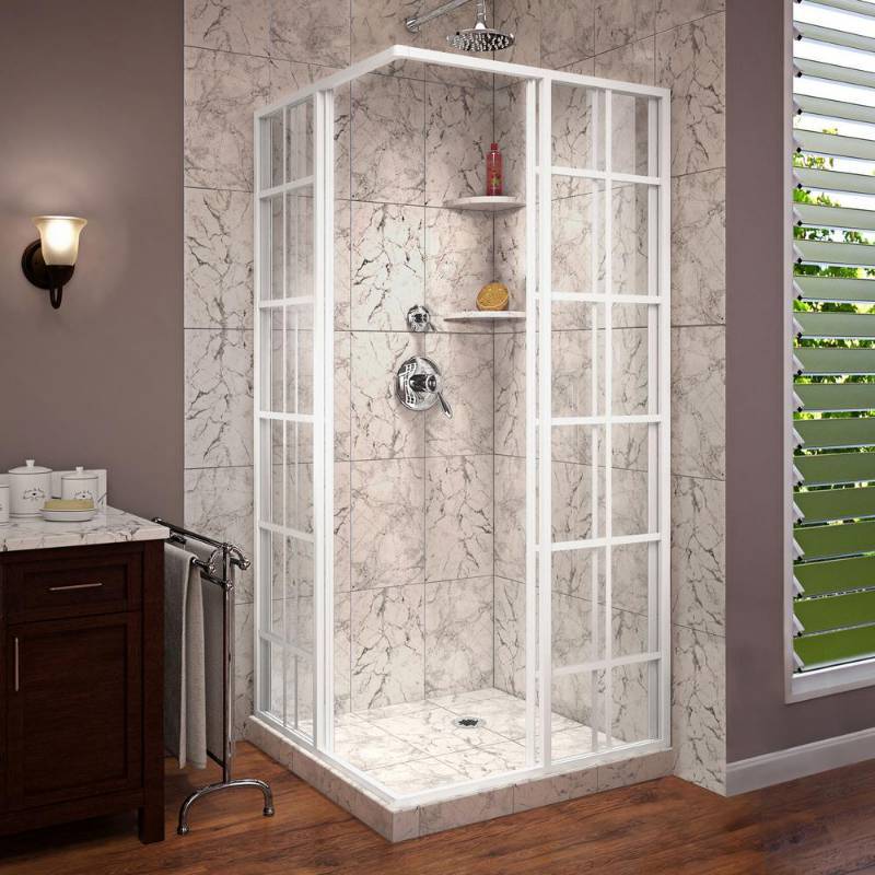 lot 76 image: Dreamline French Corner 34-12 in. D x 34-12 in. W x 72 in. H Framed Sliding Shower Enclosure in White, SHEN-8134340-00