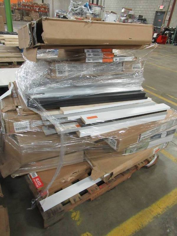 lot 195 image: MIXED WHOLESALE PALLET OF MISCELLANEOUS BUILDING MATERIALS FROM RETAIL STORE REMODEL MIXED WHOLESALE PALLET OF MISCELLANEOUS BUILDING MATERIALS FROM RETAIL STORE REMODEL - WOOD CABINET PANELSTRIM PIECES AND MORE.