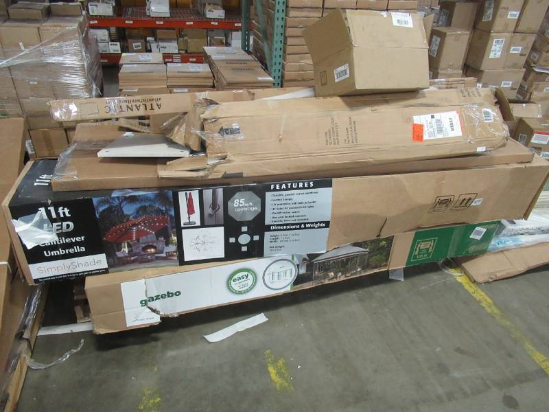 lot 182 image: MIXED WHOLESALE PALLET OF MISCELLANEOUS BUILDING MATERIALS FROM RETAIL STORE REMODEL MIXED WHOLESALE PALLET OF MISCELLANEOUS BUILDING MATERIALS FROM RETAIL STORE REMODEL - GAZEBOS, UMBRELLAS AND MORE.