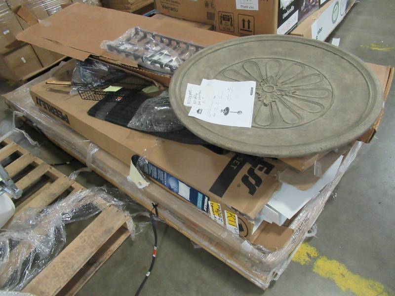 lot 183 image: MIXED WHOLESALE PALLET OF MISCELLANEOUS BUILDING MATERIALS FROM RETAIL STORE REMODEL MIXED WHOLESALE PALLET OF MISCELLANEOUS BUILDING MATERIALS FROM RETAIL STORE REMODEL - BIRD BATH DISH, GRILL ITEMS, UMBRELLA AND SHOWER ITEMS.