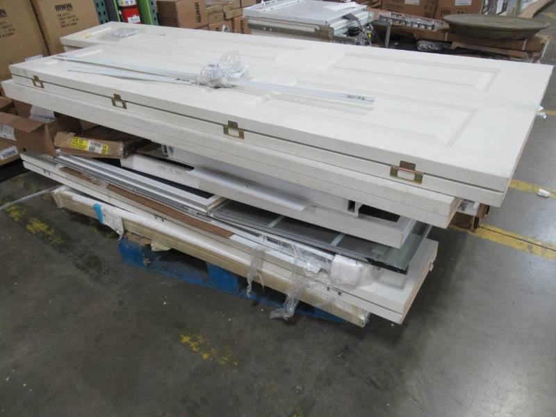 lot 184 image: MIXED WHOLESALE PALLET OF MISCELLANEOUS BUILDING MATERIALS FROM RETAIL STORE REMODEL MIXED WHOLESALE PALLET OF MISCELLANEOUS BUILDING MATERIALS FROM RETAIL STORE REMODEL - BIFOLD DOORS, ODDBALL WINDOWS AND MORE