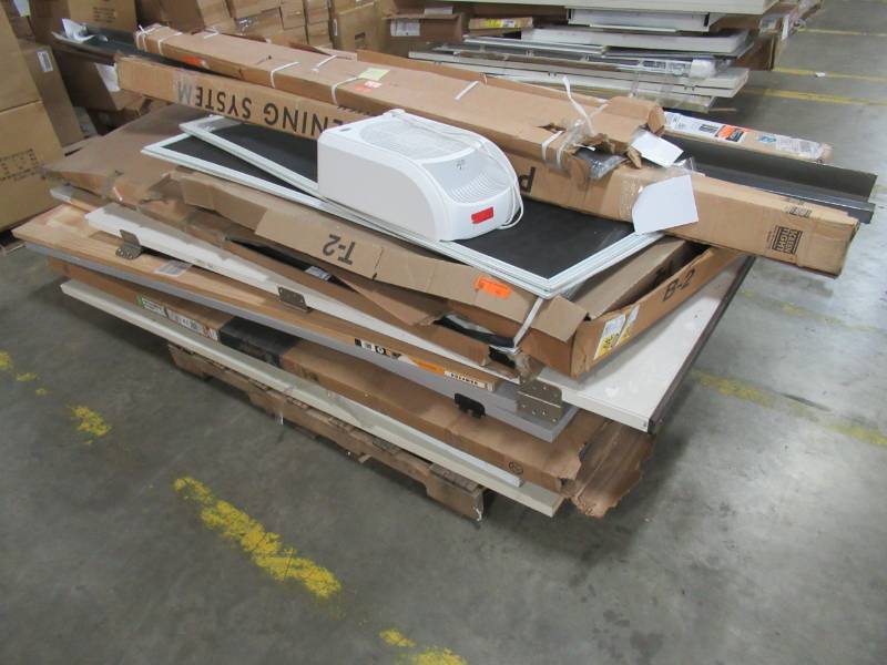 lot 186 image: MIXED WHOLESALE PALLET OF MISCELLANEOUS BUILDING MATERIALS FROM RETAIL STORE REMODEL MIXED WHOLESALE PALLET OF MISCELLANEOUS BUILDING MATERIALS FROM RETAIL STORE REMODEL - DOOR SLABS AND MORE