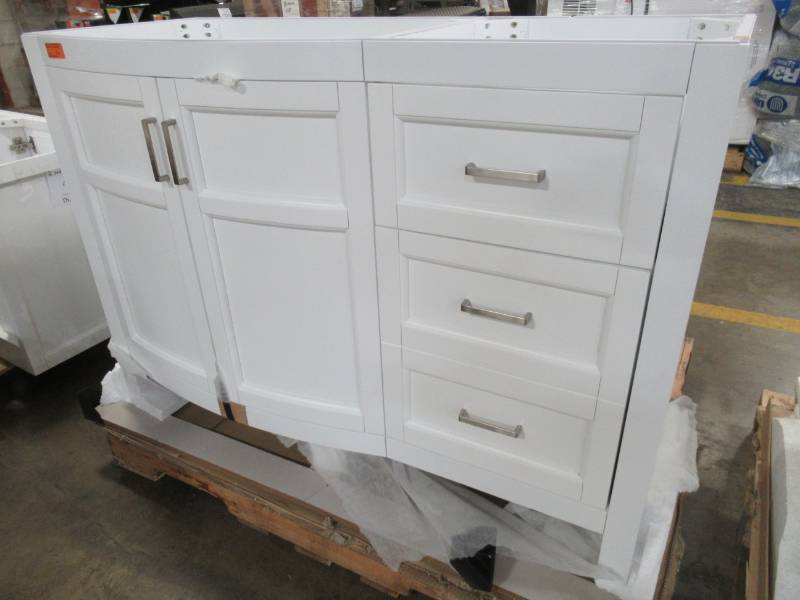 lot 41 image: allen  roth Moravia White Single Sink Vanity Cabinet 47 x 19 14 X 32 Tall 1142VA-48-201 - Missing Top