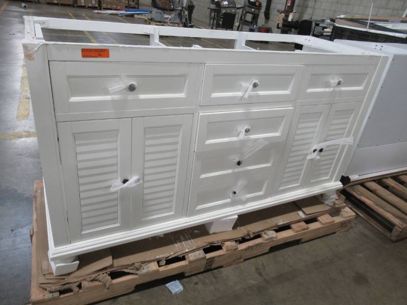 lot 42 image: Home Decorators Collection Hamilton 59 12 x 21 x 34 Tall Double Bath Vanity in Ivory, Cabinet Only 10806-VS61H-DW - Missing Top. Some slight DingsScratches