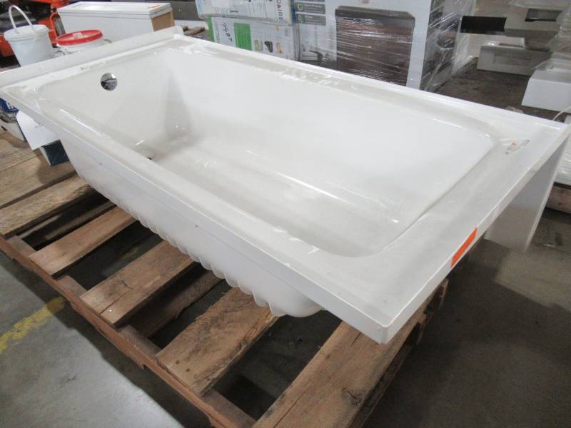 lot 382 image: American Standard RH Drain Acrylic Tub, White, 60 X 30 X 15 Tall. Crack on LH Front Corner of Apron and On Top.