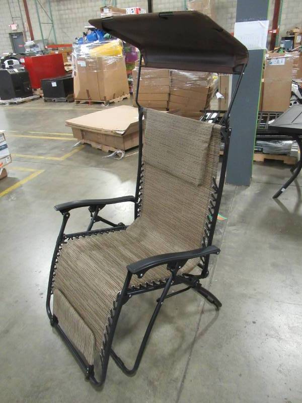 lot 70 image: Metal and Fabric Reclining Patio Chair with Sun Shade.-Broken brace on LH Side ( See Photos).