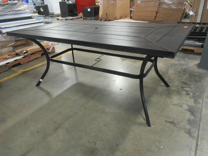 lot 71 image: Large Aluminum Patio Table in Black with Umbrella Hole.