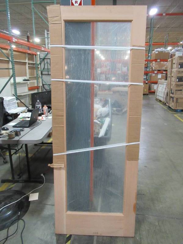 lot 82 image: Custom Ordered 30 in. x 80 in. Rustic Knotty Alder Full-Lite Clear Low-E Unfinished Wood, No Bore Door Slab.