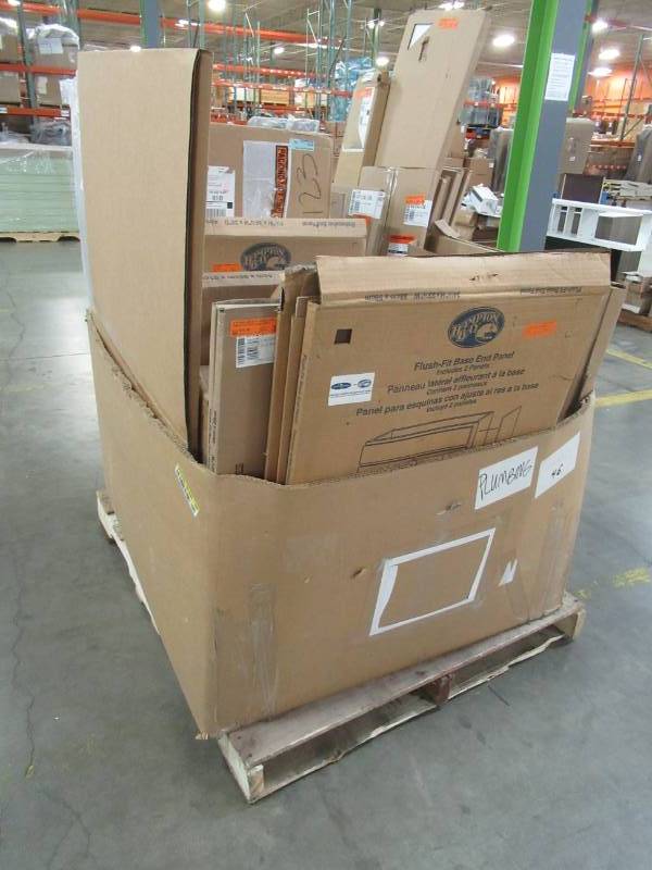lot 99 image: MIXED WHOLESALE PALLET OF MISCELLANEOUS BUILDING MATERIALS FROM RETAIL STORE REMODEL - DISHWASHERCABINET END PANELS, CORNER CABINET LAZY SUSANS AND MORE