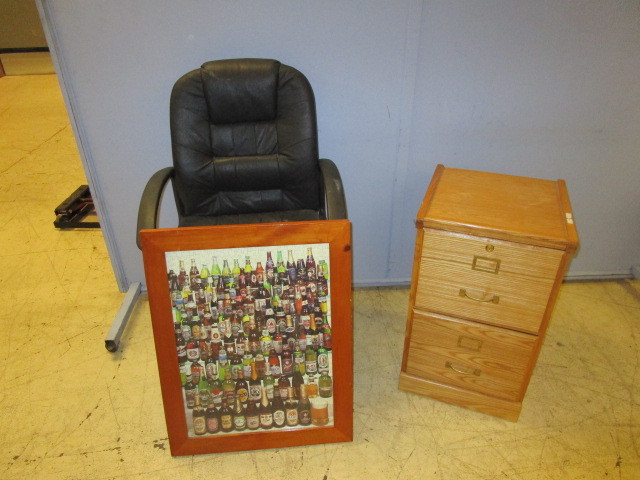 lot 507 image: OAK FILING CABINET, COMPUTER CHAIR AND FRAMED PUZZLE