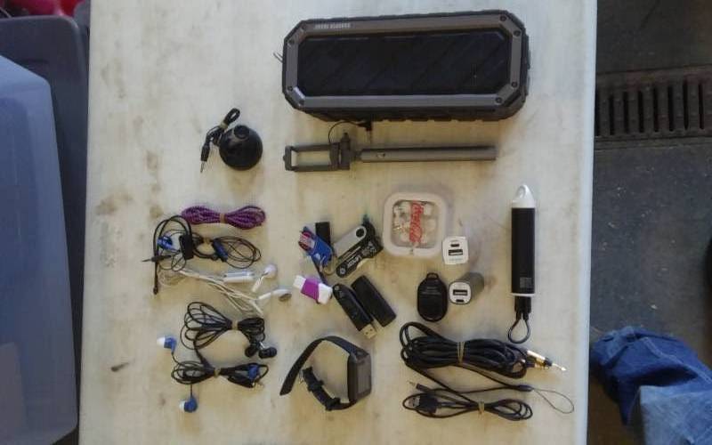 lot 29 image: Bluetooth Speaker, 3 Battery Packs, Smash Watch Selfie Stick, Ear Phones, Aux Cords, More