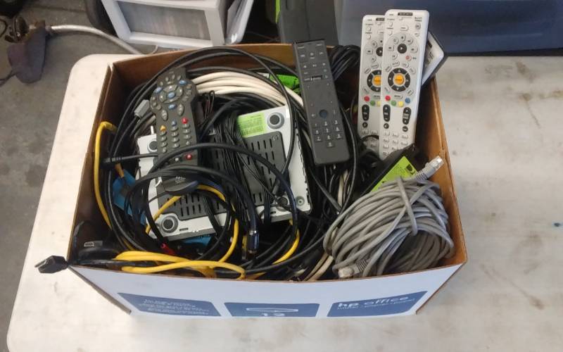 lot 54 image: Large Lot Of Remotes, Cable Boxes, AV Cords