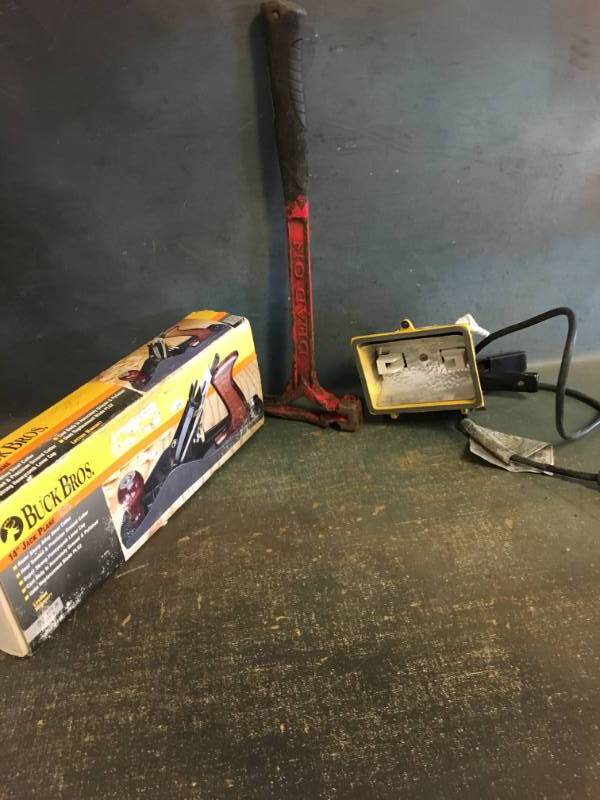 lot 44 image: 14 Jack Plane, Dead-On Hammer, and Work Lamp