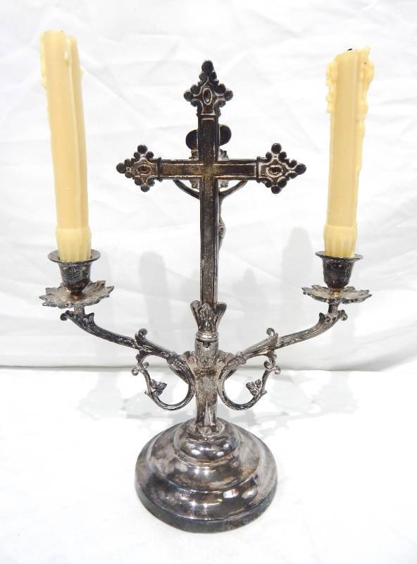 lot 32 image: Antique Sick Call Crucifix With Candle Holders Set